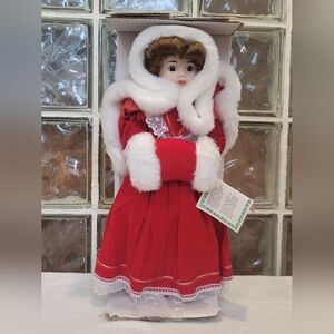 Vintage Porcelain Christmas Doll Red Dress Fur Trim 17” Holiday Decor